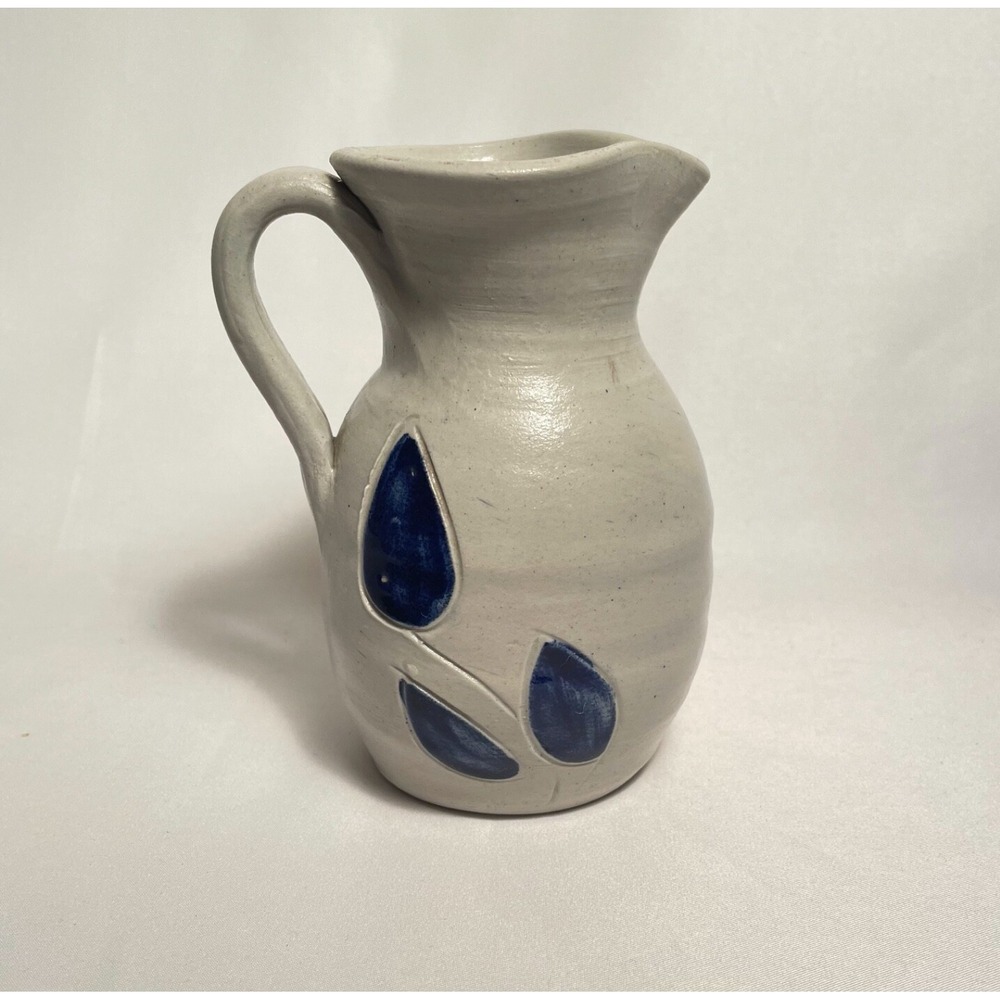 Williamsburg VA Pottery Salt Glaze Stoneware Creamer Pitcher Cobalt Blue Leaves